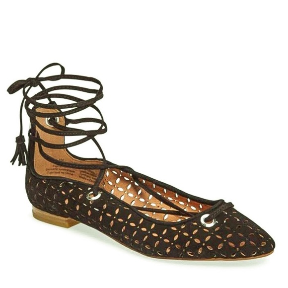 Halogen Nella Ghillie Black Suede Perforated Lace Up Flats - Picture 1 of 5